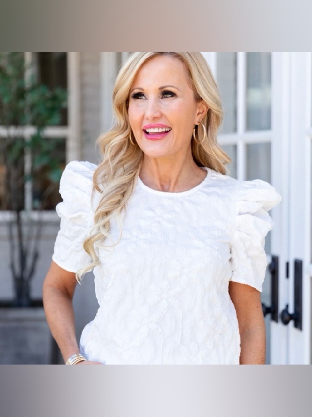 TCEC Puff Sleeve Textured White Top